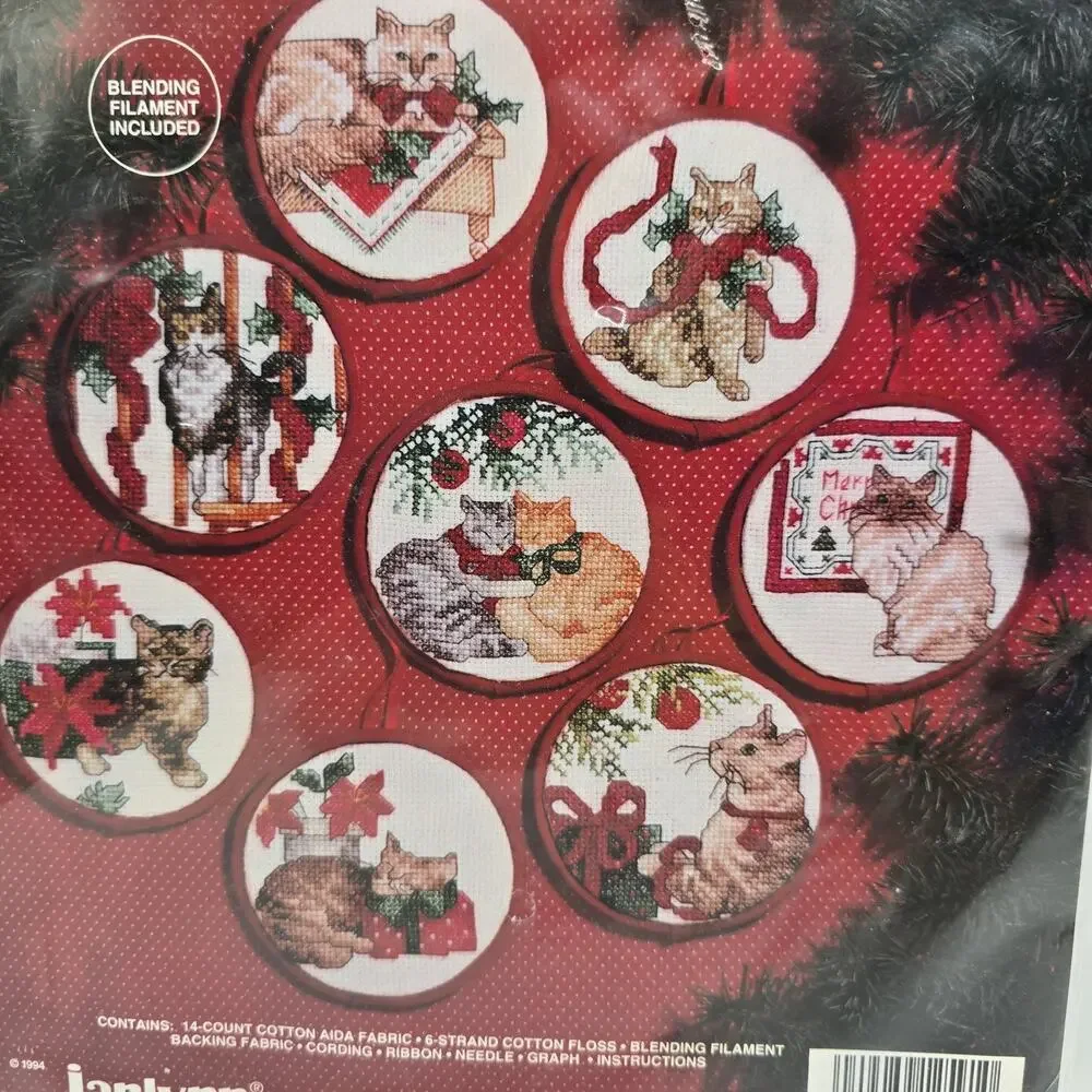 Vintage 1994 Janlynn Christmas Cats Ornaments Cross Stitch Kit #125-91 Catlover